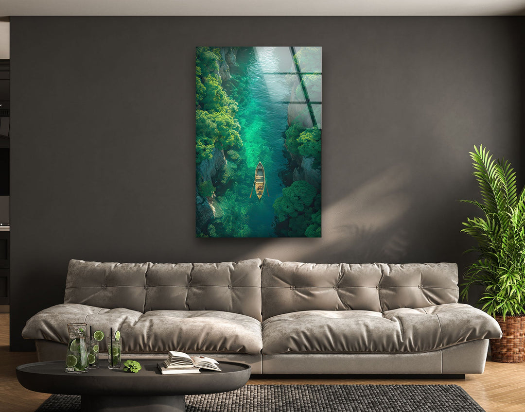 Green Forest in the River Glass Wall Art