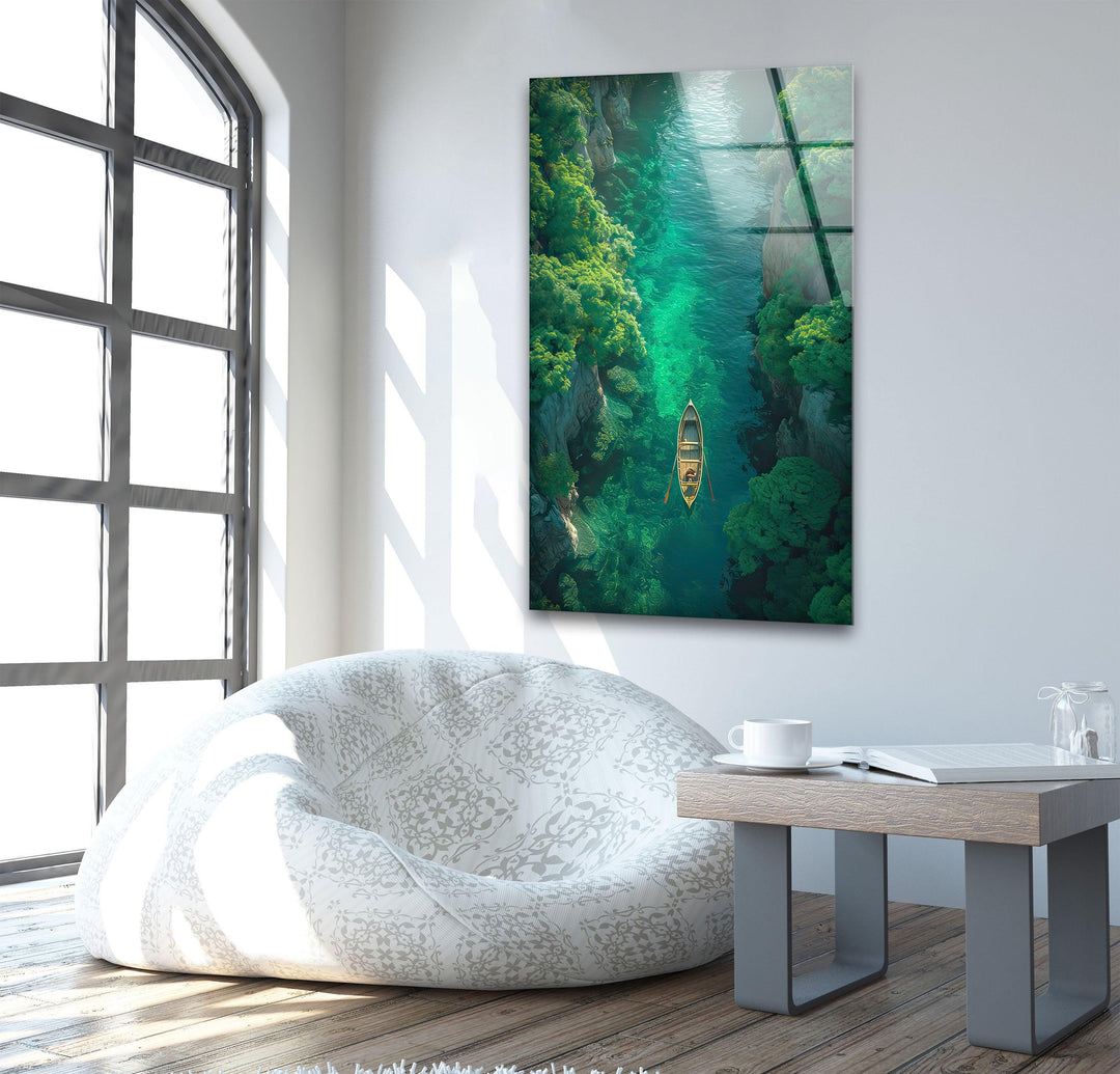 Green Forest in the River Glass Wall Art