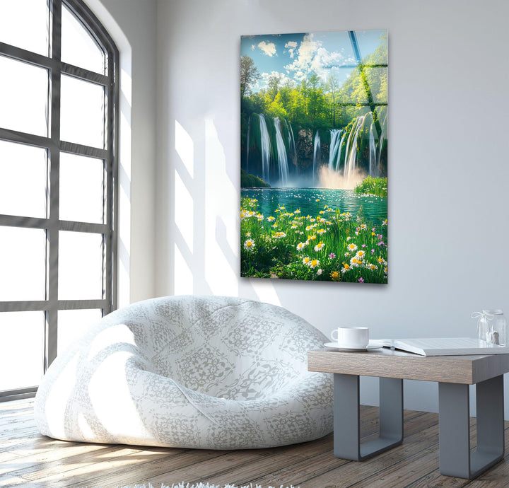 Daisy & Waterfall Glass Wall Art picture on glass wall art, photos printed on glass
