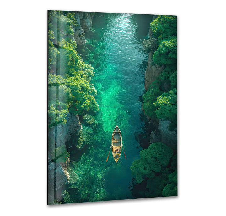 Green Forest in the River Glass Wall Art