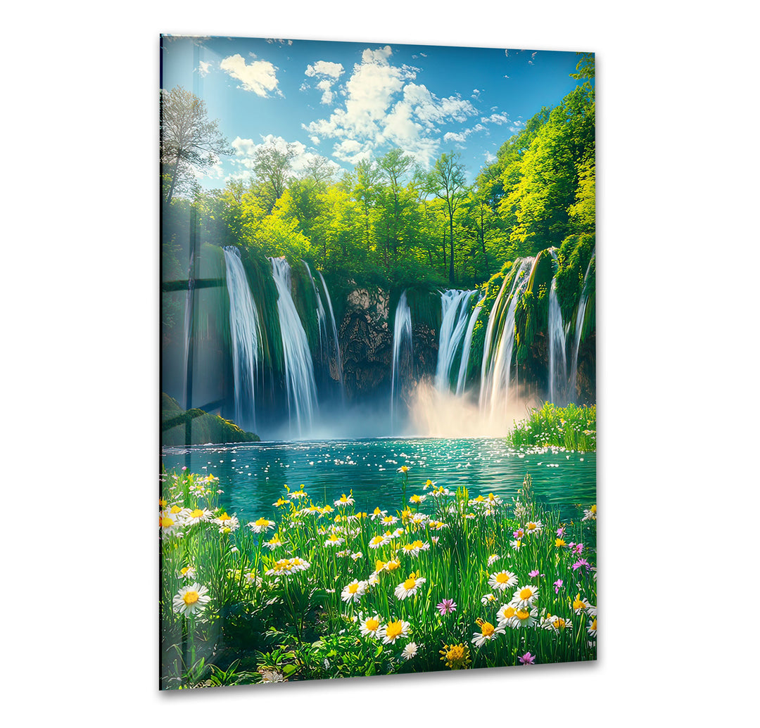 Daisy & Waterfall Glass Wall Art glass photo prints, glass picture prints
