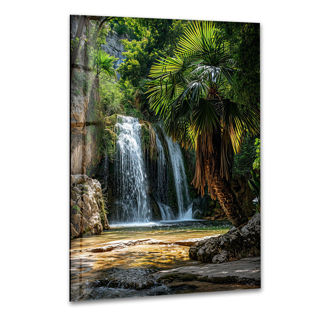 Waterfall in Green Forest Glass Wall Art photo print on glass, prints on glass wall art
