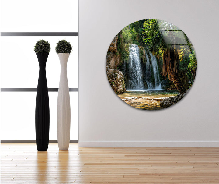 Waterfall in Green Forest Glass Wall Art custom glass photo prints, large glass prints
