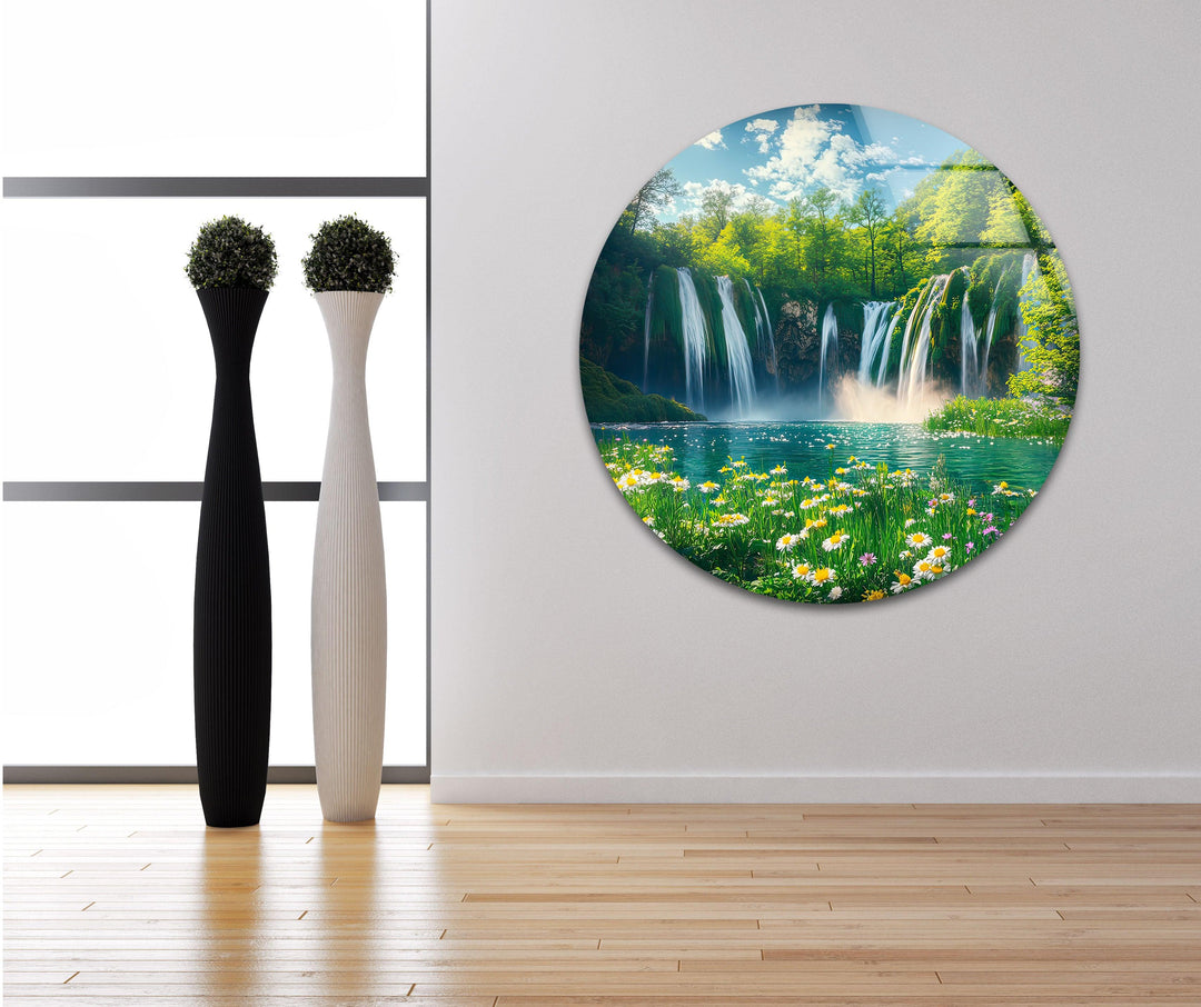 Daisy & Waterfall Glass Wall Art print on glass, glass printed photos
