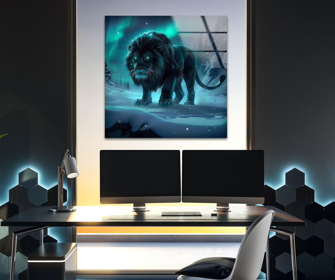 Crystal Black Lion Glass Wall Art glass art painting, glass art for the Wall
