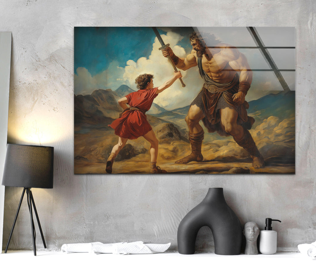 David Goliath Fighting Glass Wall Art custom glass pictures, glass art prints
