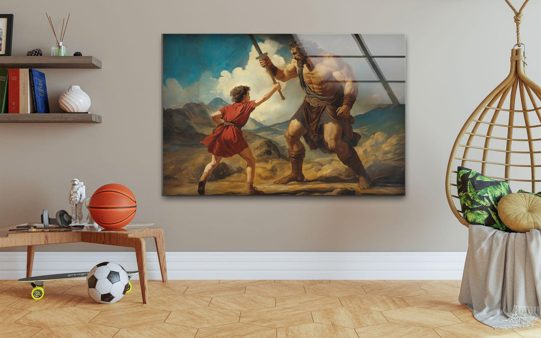 David Goliath Fighting Glass Wall Art photo print on glass, prints on glass wall art
