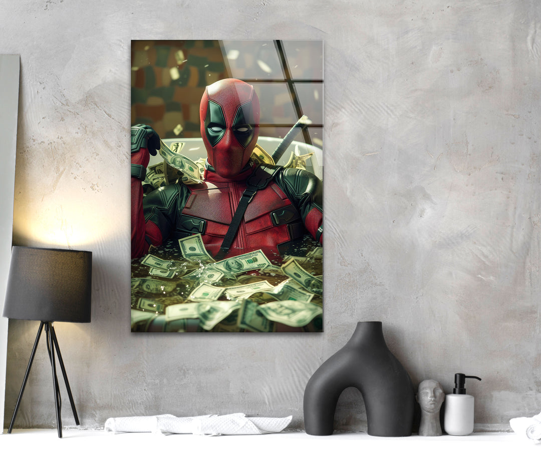 Marvel Deadpool Dollars Glass Wall Art print picture on glass, Tempered Glass Wall Art
