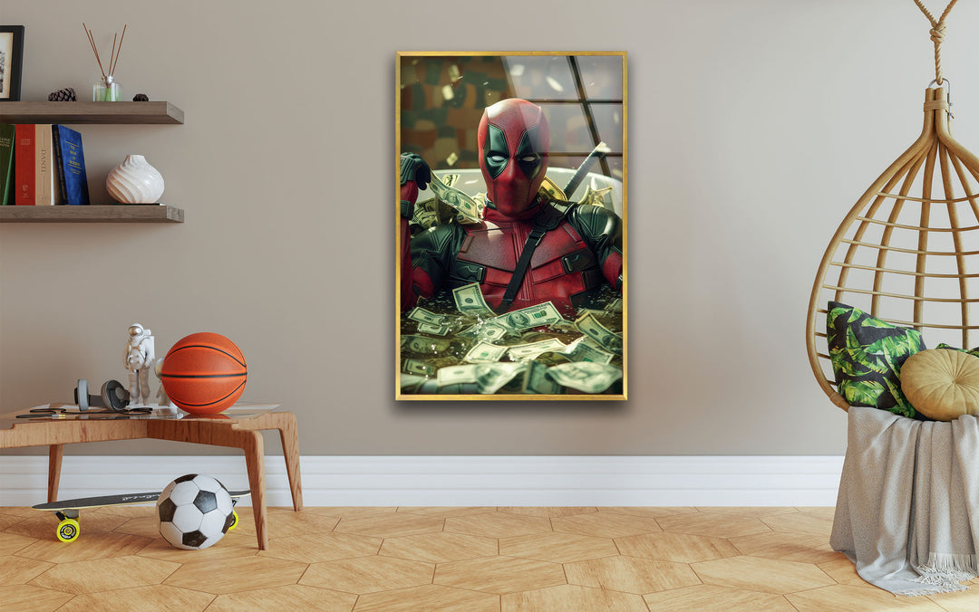 Marvel Deadpool Dollars Glass Wall Art picture on glass wall art, photos printed on glass
