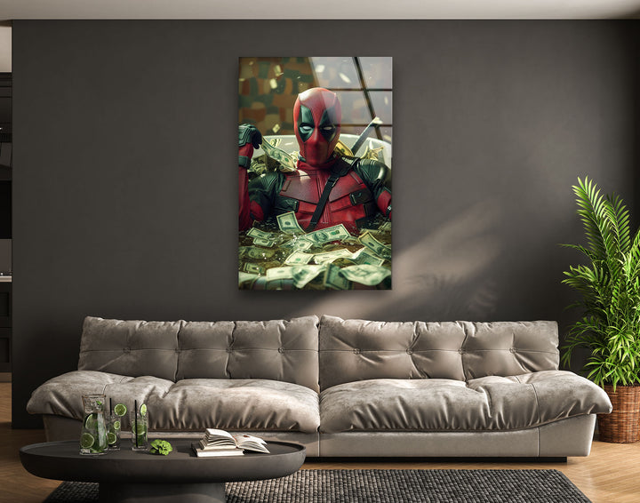 Marvel Deadpool Dollars Glass Wall Art photo print on glass, prints on glass wall art
