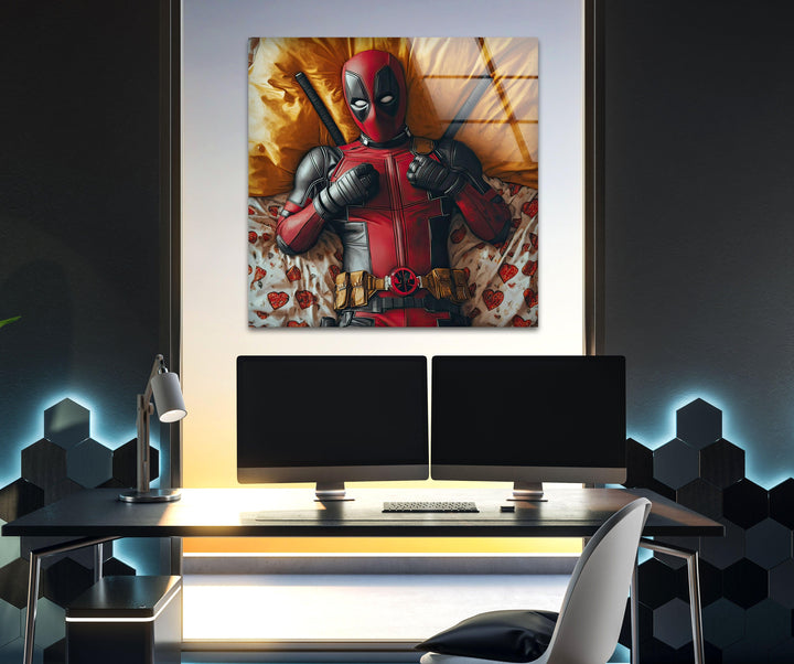 Deadpool on Bed Glass Wall Art custom glass photo prints, large glass prints
