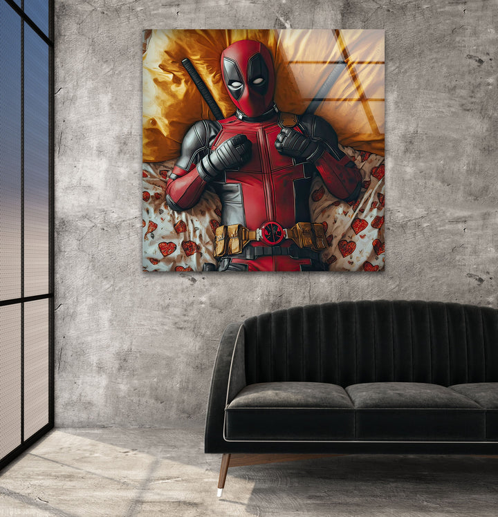 Deadpool on Bed Glass Wall Art photo print on glass, prints on glass wall art
