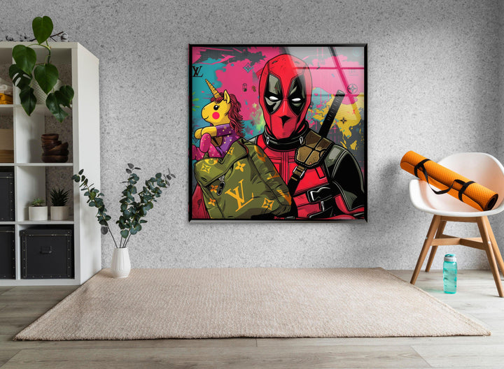 Deadpool & Unicorn Glass Wall Art, photo print on glass, prints on glass wall art