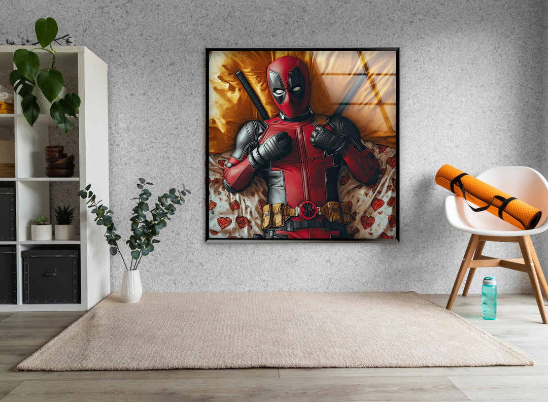 Deadpool on Bed Glass Wall Art large glass photo prints, glass wall photos
