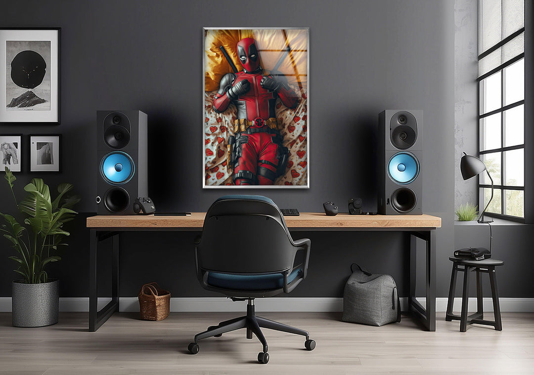 Deadpool on Bed Glass Wall Art picture on glass wall art, photos printed on glass
