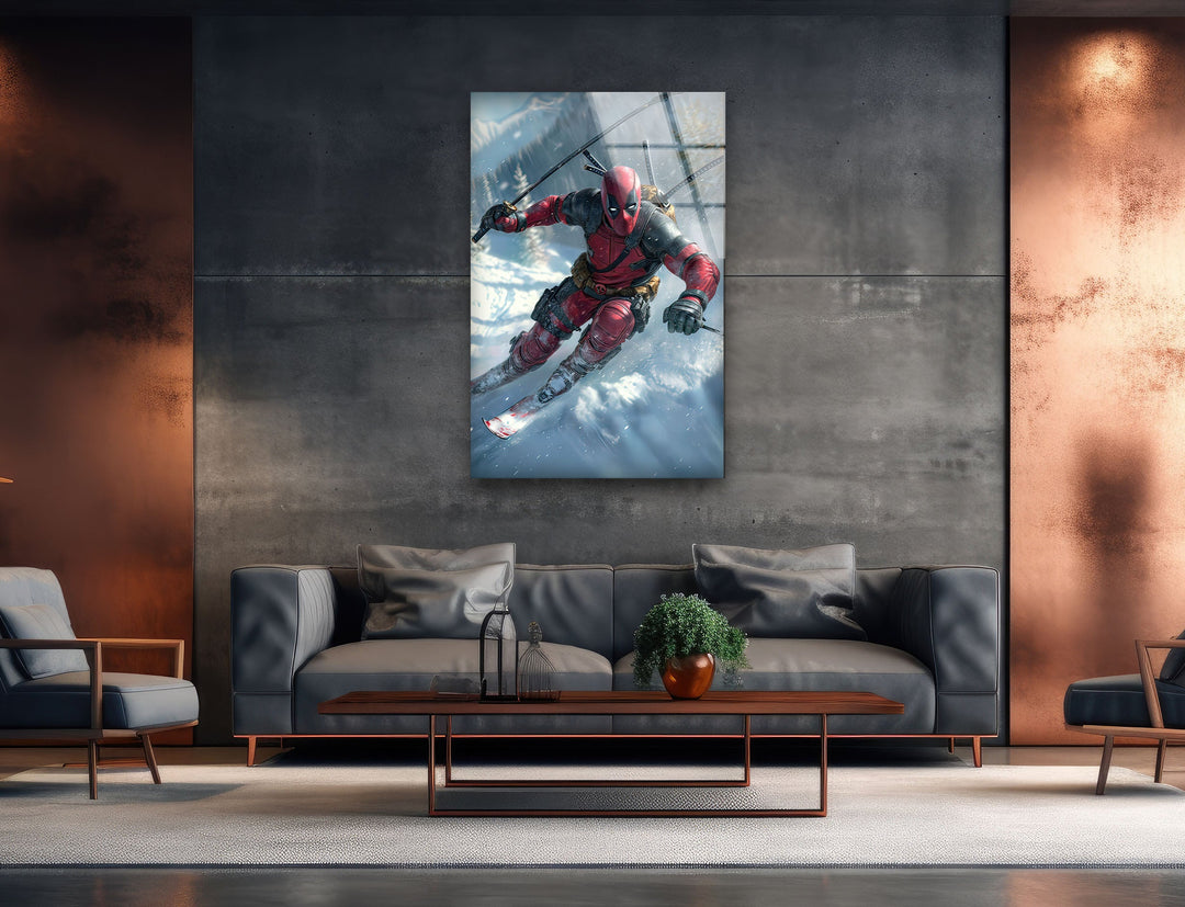 Deadpool Skiing Glass Wall Art glass photo prints, glass picture prints
