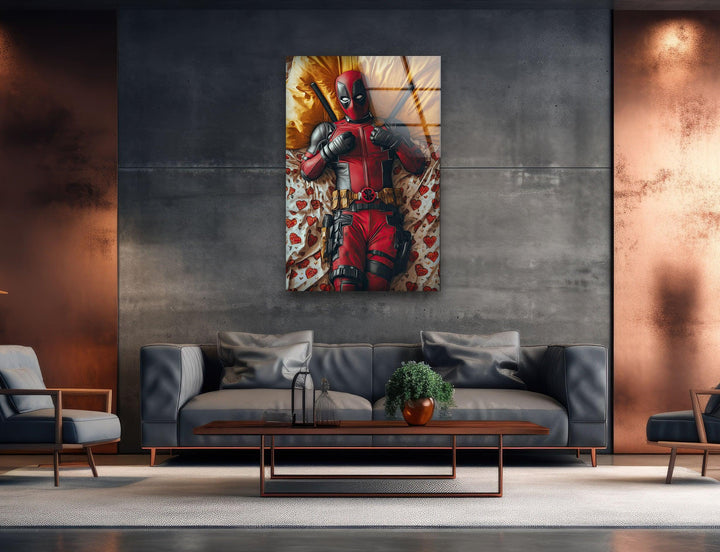 Deadpool on Bed Glass Wall Art print on glass, glass printed photos
