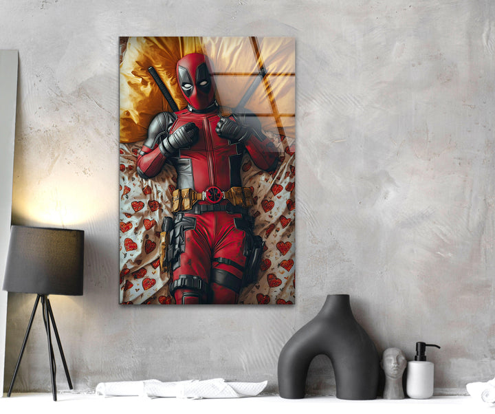 Deadpool on Bed Glass Wall Art print picture on glass, Tempered Glass Wall Art
