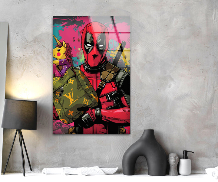 Deadpool & Unicorn Glass Wall Art, large glass photo prints, glass wall photos