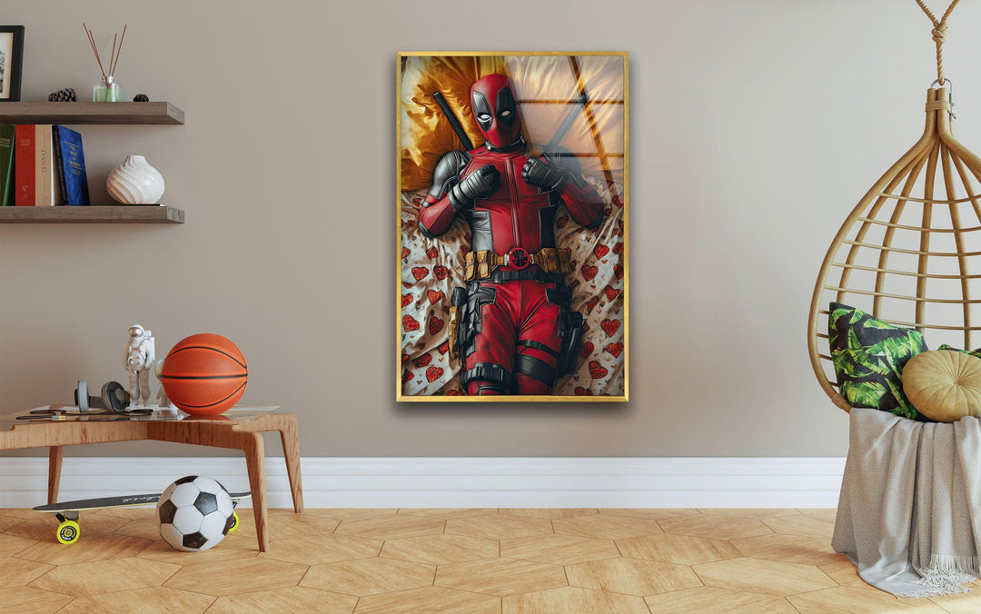 Deadpool on Bed Glass Wall Art glass wall decor, glass wall art decor
