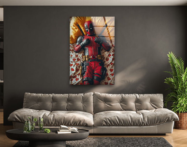 Deadpool on Bed Glass Wall Art custom glass pictures, glass art prints
