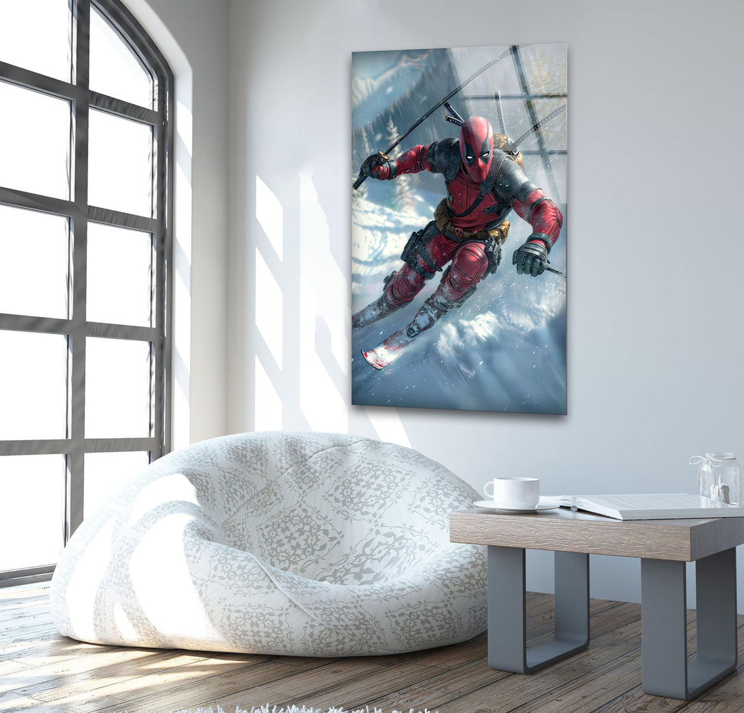 Deadpool Skiing Glass Wall Art custom glass pictures, glass art prints
