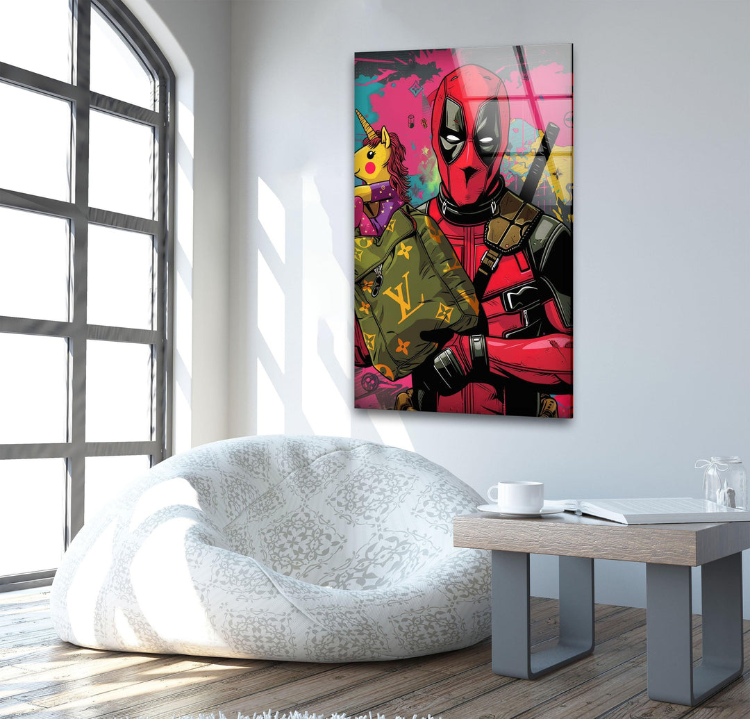 Deadpool & Unicorn Glass Wall Art, glass photo prints, glass picture prints