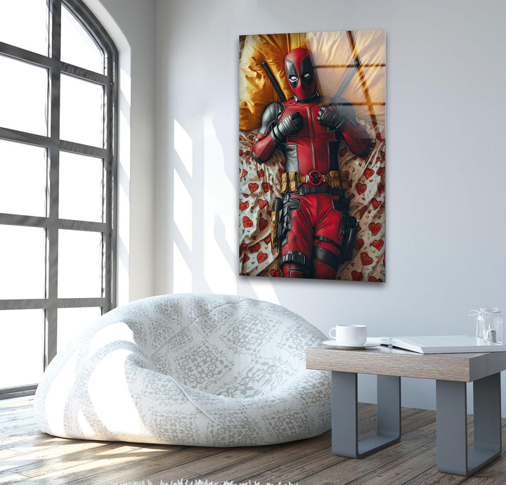 Deadpool on Bed Glass Wall Art stained glass wall art, stained glass wall decor
