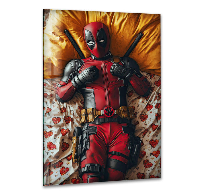 Deadpool on Bed Glass Wall Art glass pictures for Wall, glass prints wall art
