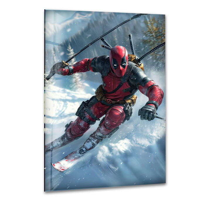 Deadpool Skiing Glass Wall Art print picture on glass, Tempered Glass Wall Art
