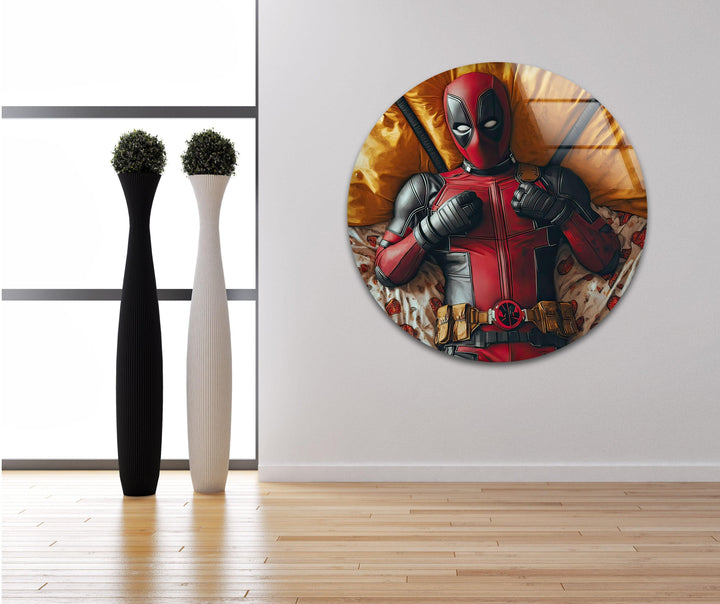 Deadpool on Bed Glass Wall Art glass art painting, glass art for the Wall
