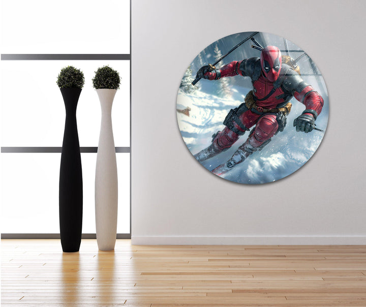 Deadpool Skiing Glass Wall Art photo print on glass, prints on glass wall art
