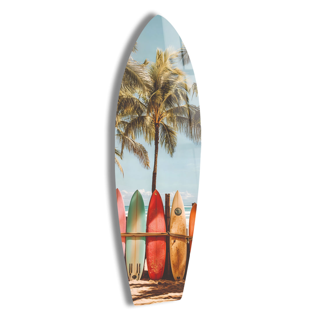 Vibrant surfboard wall art with palm trees, bringing tropical beach vibes to your space.
