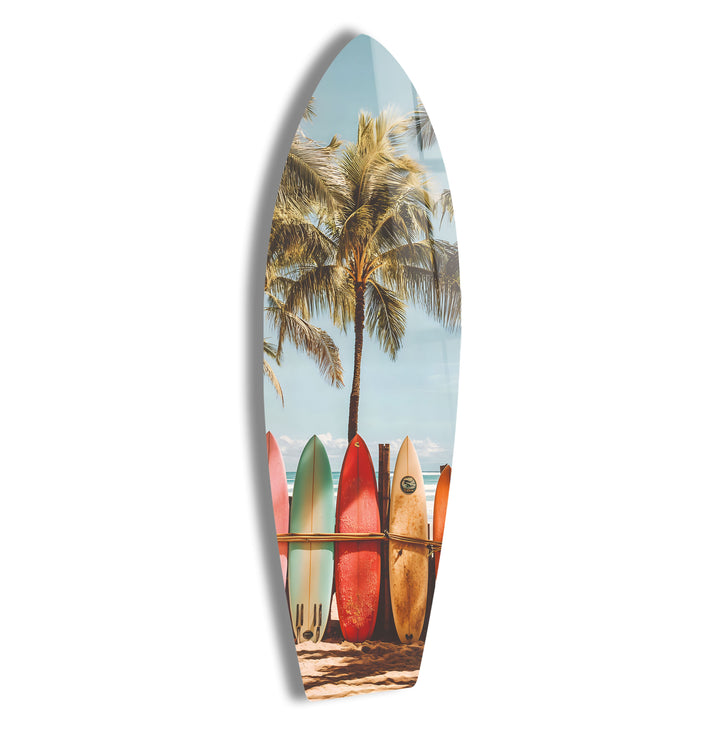 Vibrant surfboard wall art with palm trees, bringing tropical beach vibes to your space.
