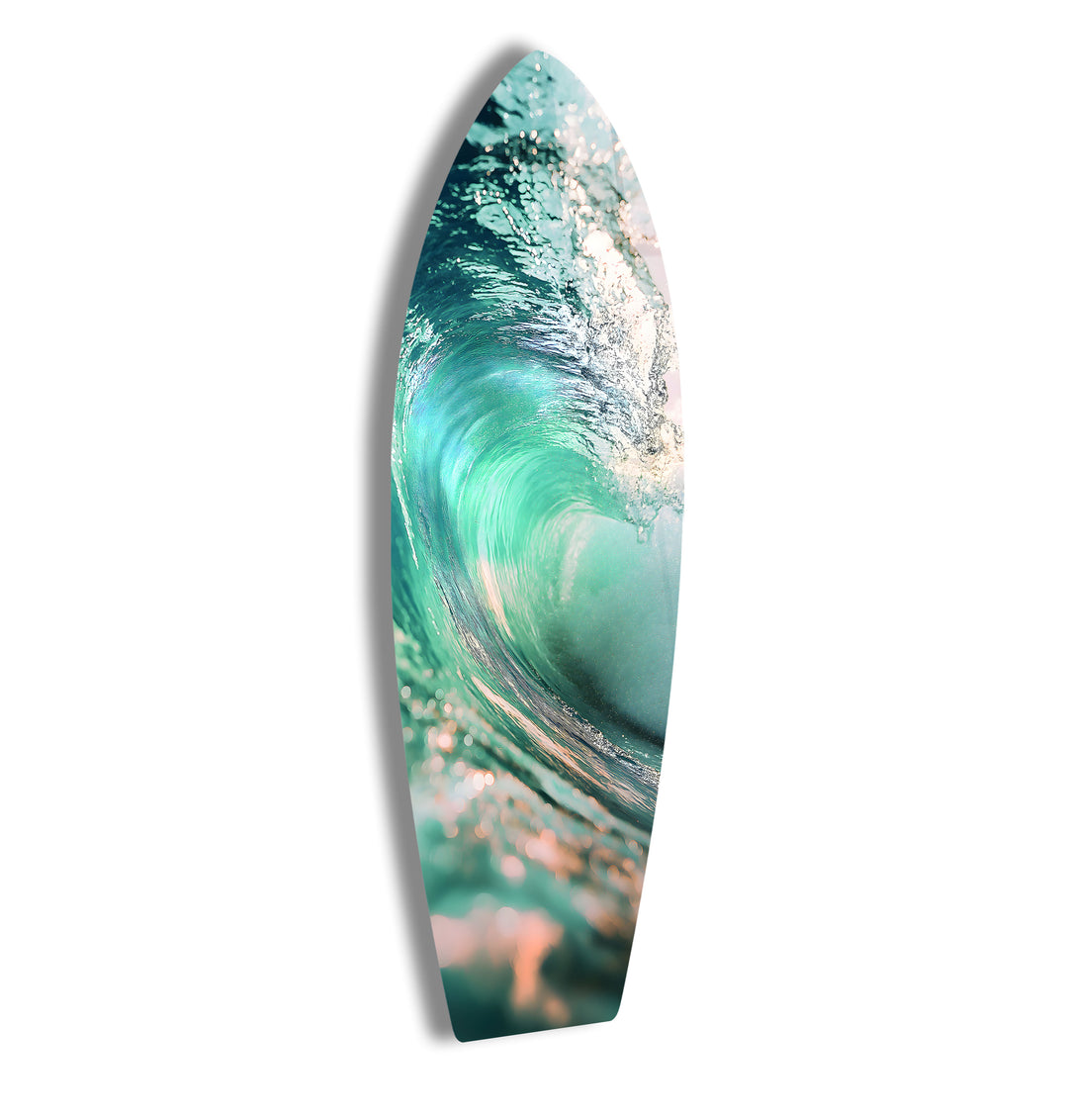 Crystal-clear ocean wave crashing, captured in stunning glass art for a vibrant coastal feel.
