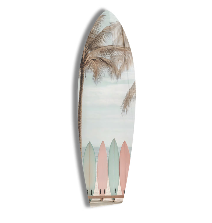 Pastel surfboards against a peaceful beach backdrop, bringing a relaxing coastal vibe to any room.
