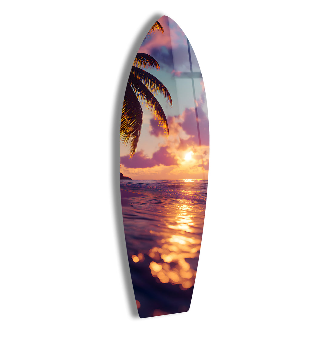 Tropical sunset with palm trees and ocean view captured in stunning glass wall art for a peaceful coastal atmosphere.
