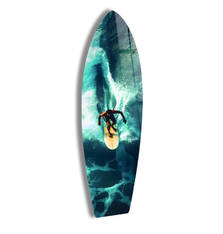 Surfer carving through the waves in vibrant ocean colors, captured on dynamic glass wall art.
