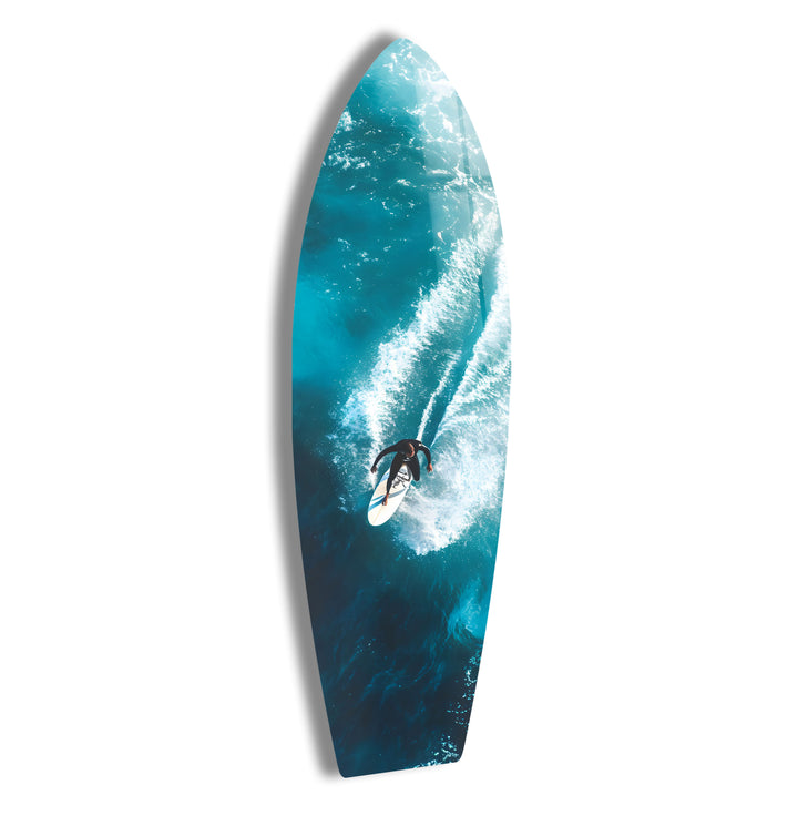 Stunning surfboard wall art capturing the thrill of a surfer riding the ocean waves.
