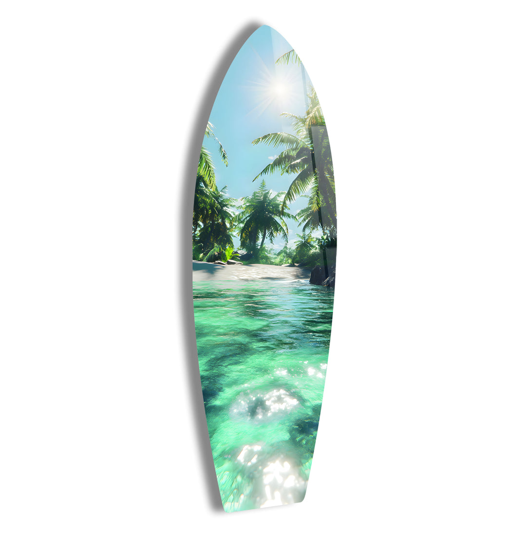 Vibrant tropical paradise captured in glass art with palm trees and crystal-clear waters.
