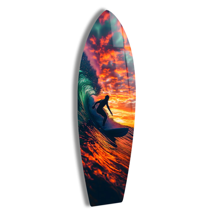 Surfer carving through ocean waves at sunset, captured in dynamic glass wall art.
