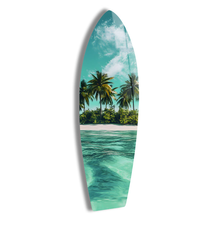 Tropical beach scene with palm trees and turquoise waters, captured on stunning glass wall art.
