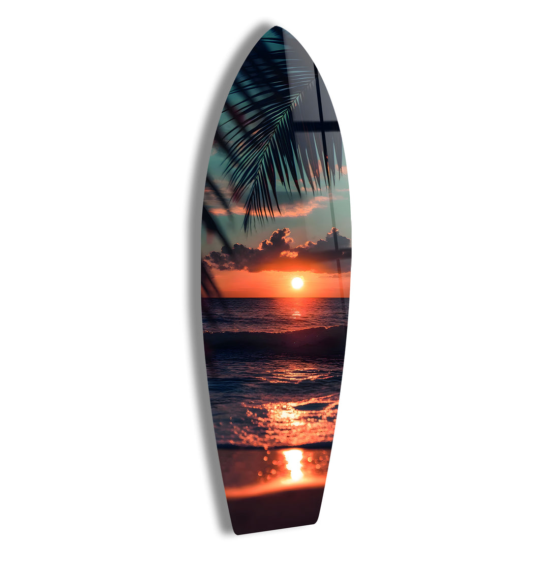 Sunset Serenity on Glass Wall Art: A tropical beach sunset captured in vibrant colors, featuring calm waves and a peaceful palm view.
