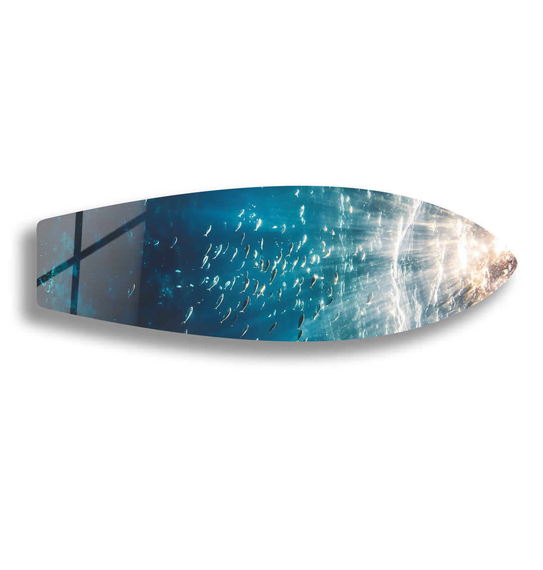 Mesmerizing underwater view with fish and sun rays, printed on tempered glass.
