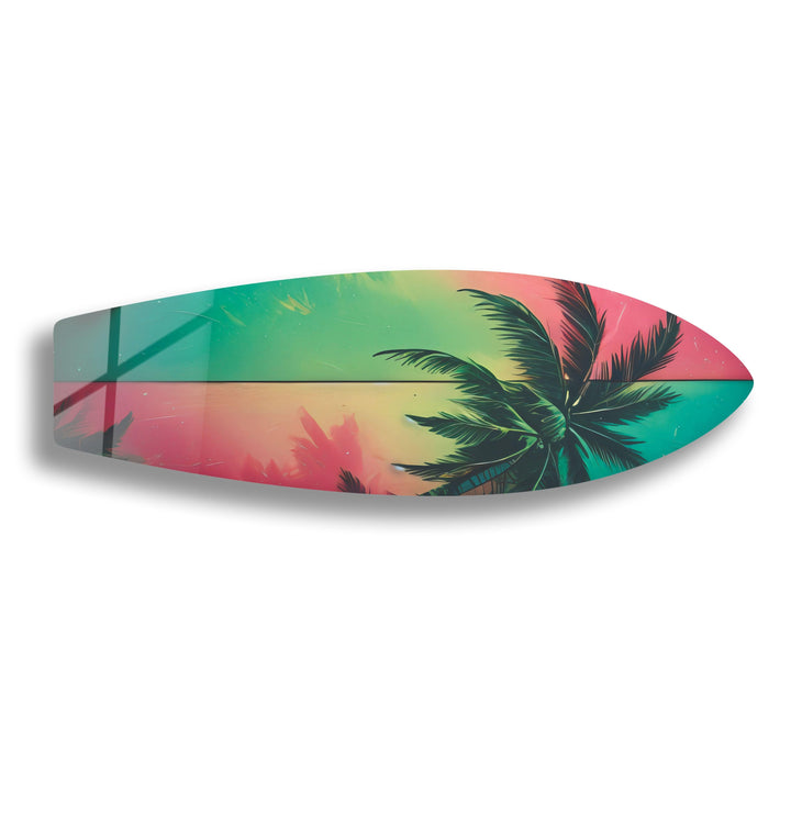 Green & Red Palm Leafs Surfboard Wall Art