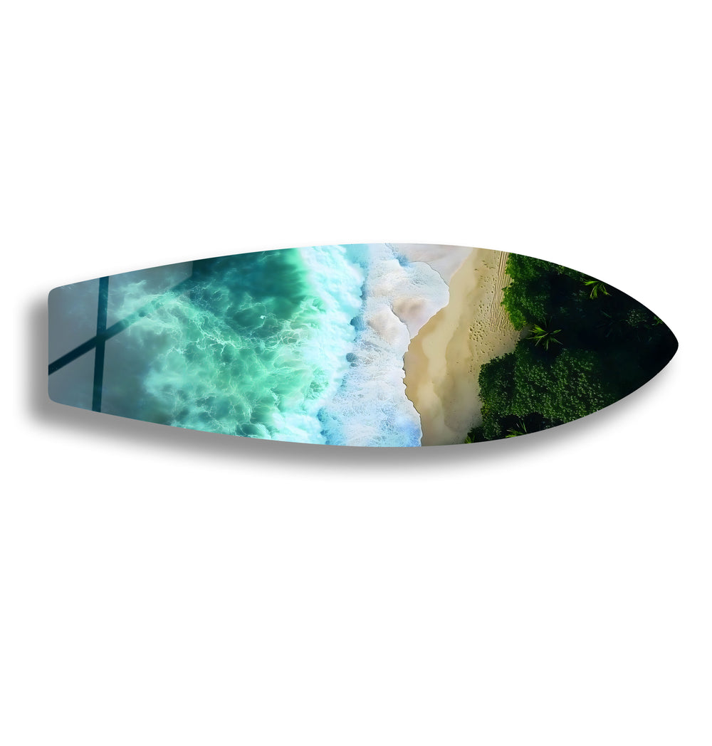 Vibrant beach scene with ocean waves and palm trees, beautifully printed on premium glass.
