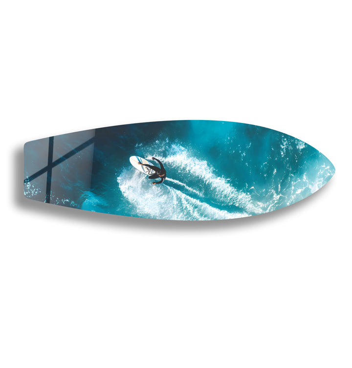 Vibrant surfing action captured on glass wall art, perfect for coastal or adventure decor.
