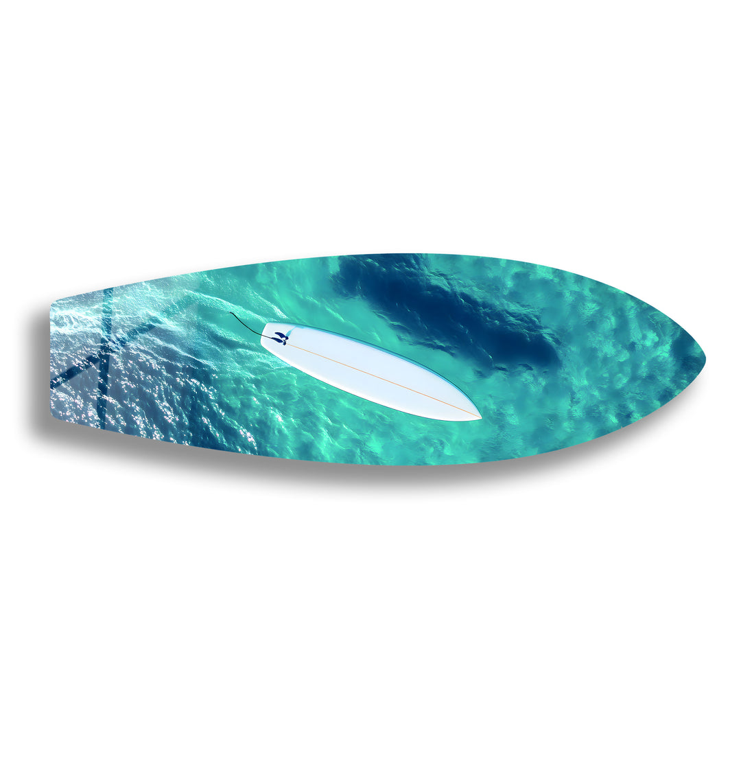 Tranquil ocean scene with a surfer in clear blue waters, beautifully printed on durable glass.
