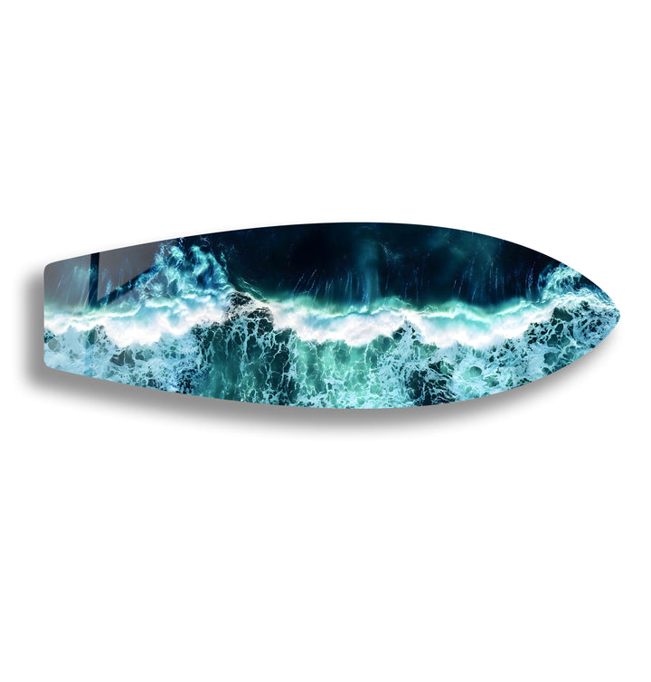 Vivid crashing ocean waves captured in stunning glass wall art for a dynamic coastal vibe.
