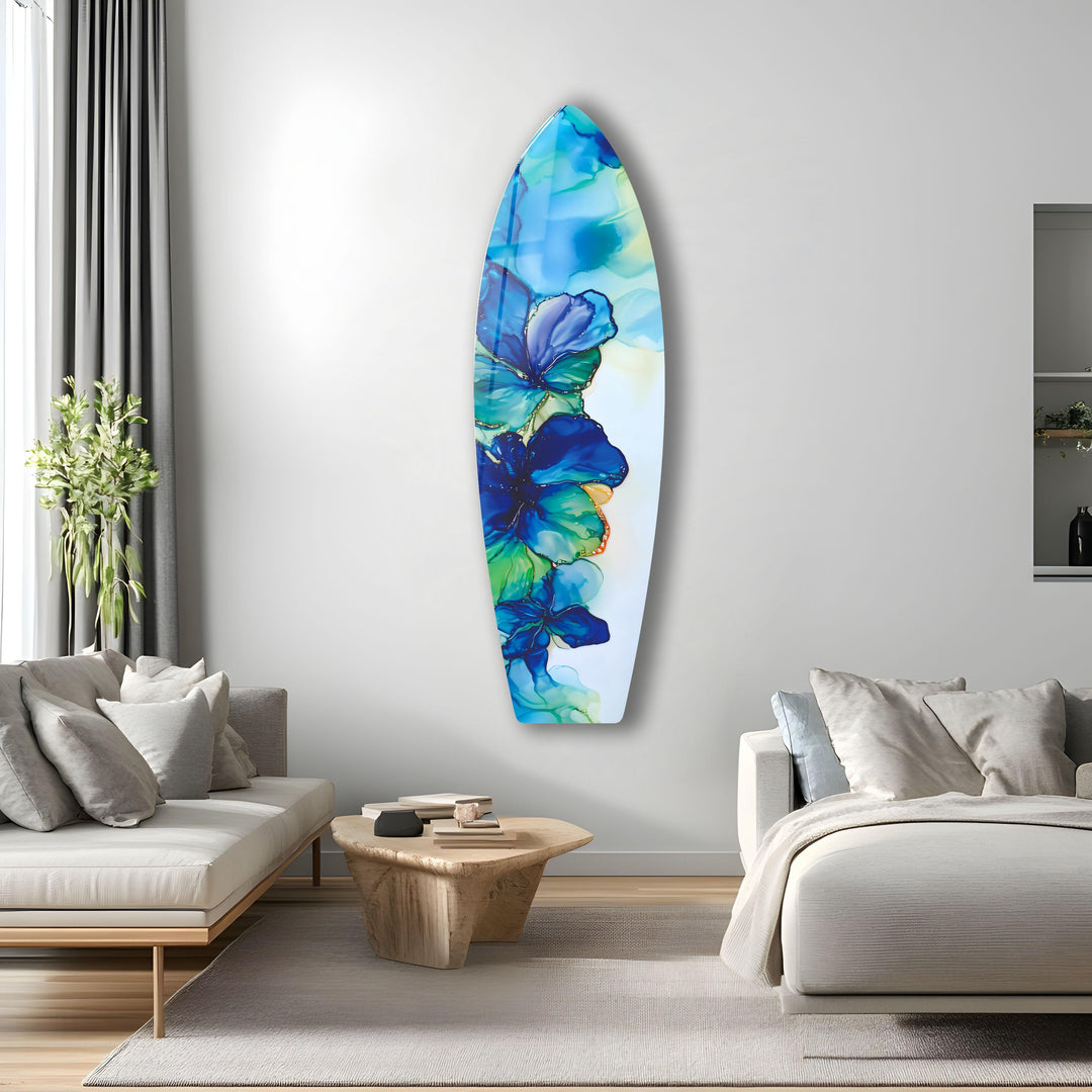 Blue Alcohol Ink Flower Surfboard Wall Art